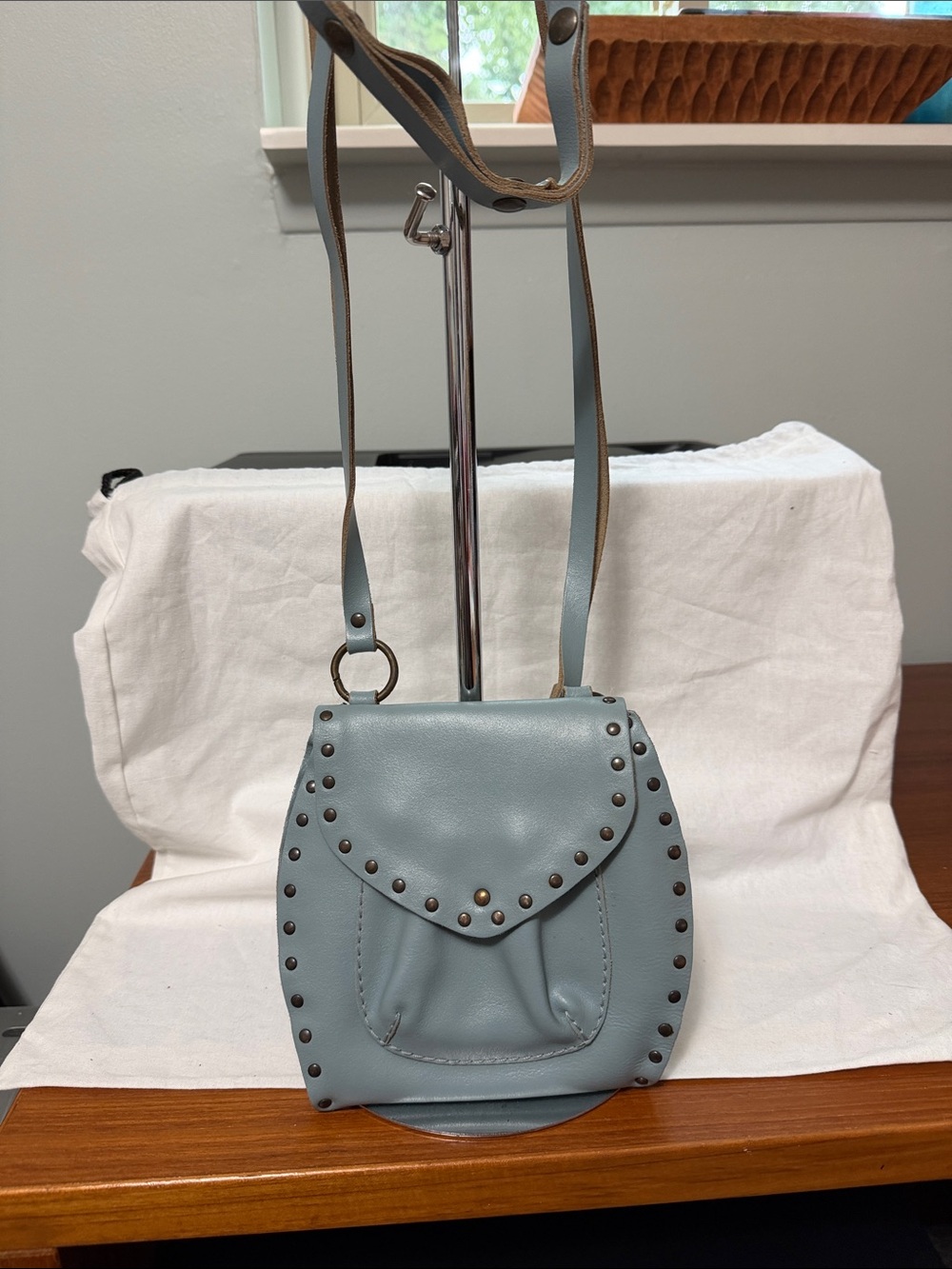 Stud-Accent Powder Blue Crossbody Bag with Adjustable Strap